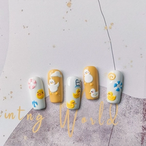 Faux ongles 5D stéréoscopiques avec canards jaunes et décorations de plage en relief