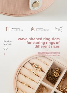 Pink portable jewelry box with wave ring slots and internal storage compartments