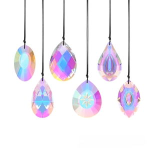 Set of six Aurora Borealis crystal pendants in teardrop and oval geometric cuts