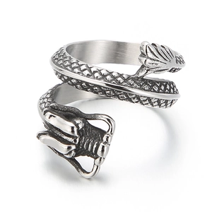 Retro vintage stainless steel dragon wrap ring with silver and black oxidized finish