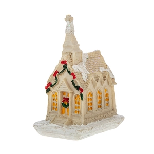 Miniature LED Christmas church house figurine with snow details and festive holiday accents