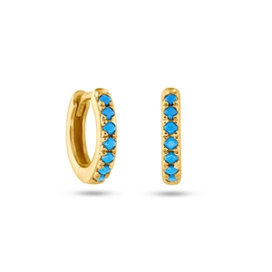 Detailed close-up of gold-plated hoop earrings with turquoise round cubic zirconia stones