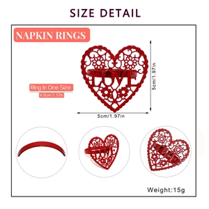 Size detail diagram of red hollow heart napkin ring with dimensions and weight parameters