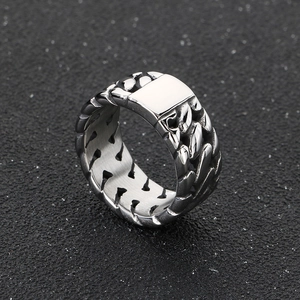 Macro shot of silver stainless steel ring with Cuban chain texture and flat surface