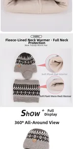 Detail of warm winter knit hat and neck warmer with thick fleece lining for protection