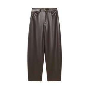 Pantaloni In Ecopelle Da Donna Vita Alta Gamba Larga Tinta Unita PU Casual Marrone Scuro Stile Alla Moda