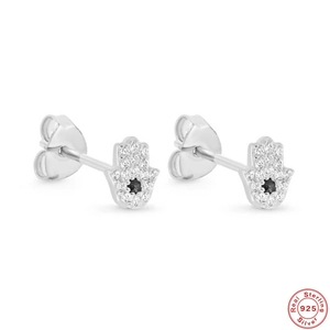 Detail of Hamsa Hand 925 sterling silver studs with black and white zircon stones