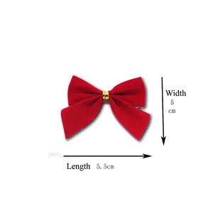 Set of 12 red flocked Christmas tree bows with gold ties, size 5.5cm x 5cm for decor