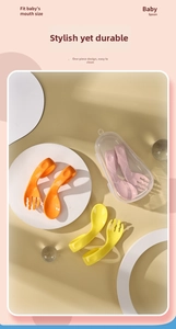 Ergonomic curved baby training utensils with a portable storage case in warm layout