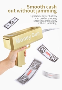 Golden money gun toy ejecting banknotes smoothly with high-speed motor action