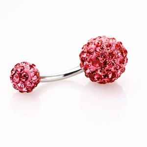 Pink rhinestone double ball belly ring in polished steel with 5mm and 8mm Shamballa crystals