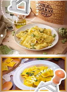 Detail of stainless steel ravioli cutters with ergonomic handles and fluted edges