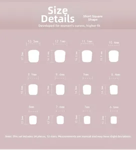Size chart showing 12 dimensions for short square press-on nails with 24 pieces set