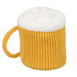 Macro detail of 3D knit beer mug hat showing texture of yellow yarn and white foam