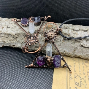Boho bronze sun god pendant necklace with raw purple amethyst and natural crystal