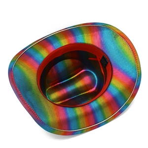 Detail view of rainbow cowboy hat interior showing 35% cotton 65% polyester material label