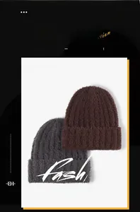 Detailed texture of thick knitted beanies in dark grey and coffee brown for winter