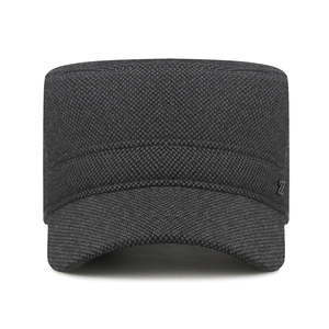 Men's winter flat top cadet cap with ear protection in charcoal grey knit fabric