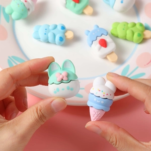 Cute cartoon rabbit and ice cream shaped erasers set in bright pastel macaron colors