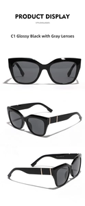 Detailed views of black cat-eye sunglasses with gray lenses and gold temple accents