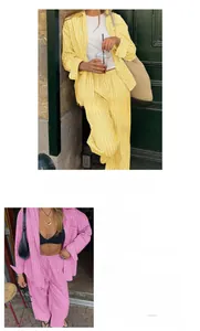 Close-up of leisure long sleeve shirt and trousers set in vertical stripe pattern