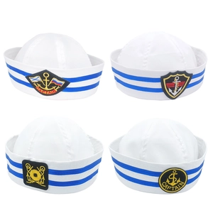 White sailor captain hats with blue stripes and embroidered gold anchor emblems