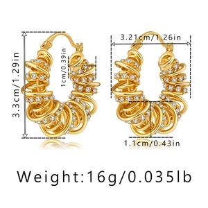 Detailed view of bohemian gold twisted hoop earrings with dimensions 3.3cm by 3.21cm