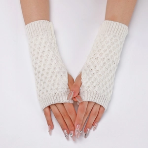 Short pineapple pattern knit wrist warmers in white with elegant diamond cutout texture