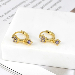 Elegant gold plated S925 silver flower earrings with purple cubic zirconia stones