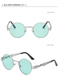 Detail view of silver round steampunk sunglasses with green lenses from front and side angles