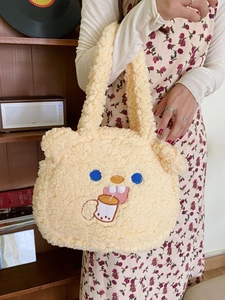 Cute beige teddy bear plush handbag with fuzzy ears and pearl milk tea embroidery