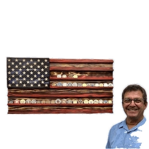 Handcrafted wooden American flag challenge coin display stand for collectibles