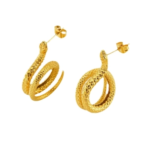 18K gold plated stainless steel snake hoop earrings with detailed scale texture