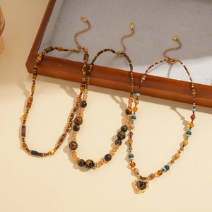 Retro tiger eye beaded necklaces with heart pendant in bohemian vintage aesthetic