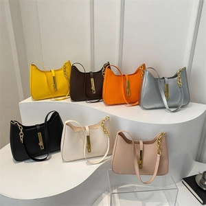 Women PU Leather Hobo Underarm Bag Chic Niche Design Versatile Shoulder Handbag Golden Chain Metal Piston Lock Accent