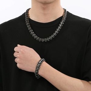 Men's punk black stainless steel dragon scale bone chain necklace and bracelet set