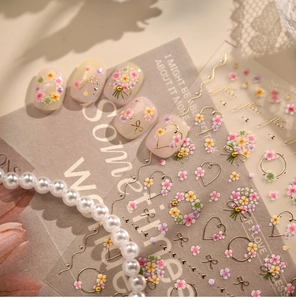 Detail of floral nail stickers applied on nails with vintage magazine background