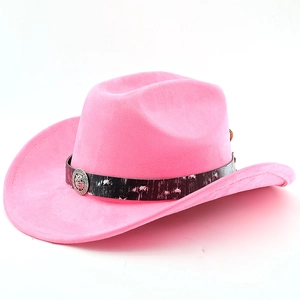 Detail of fuchsia suede cowboy hat with studded belt and silver lion head emblem