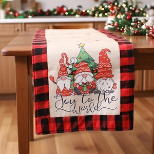 Christmas burlap table runner featuring holiday gnomes and red black buffalo plaid border