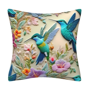 Macro detail of 3D hummingbird and floral pattern on high-quality decorative cushion cover