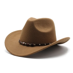 Western Cowboy Hat Wool Felt Wide Curved Brim Vintage Ethnic Woven Band With Beads Outdoor Travel Style For Men Women