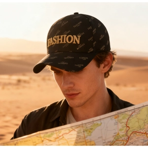 Close-up of golden 3D embroidery and all-over logo pattern on a black cotton baseball cap