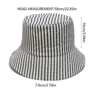 Detailed size chart of the striped bucket hat showing head circumference 58cm and dimensions