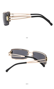 Detail view of gold metal frame and gray lenses on Y2K rimless rectangular sunglasses