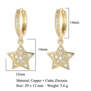 Detailed size chart of gold star drop earrings with dimensions 29x12mm and CZ materials