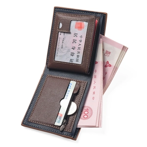 Men's bi-fold wallet with multi-card slots, zipper coin pocket, and two-tone brown navy leather
