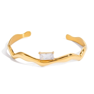 Classic 18K gold plated stainless steel wave bangle with a square white zircon stone