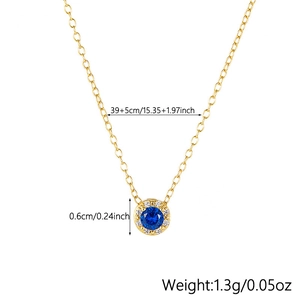 Detailed view of a gold 925 silver necklace with blue zircon pendant and dimensions