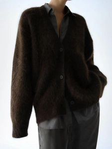 Women's deep brown faux mink cardigan, oversized soft long sleeve knit sweater with V-neck