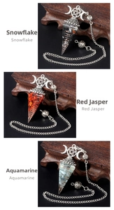 Detailed view of resin hexagonal cone pendants with snowflake, red jasper, and aquamarine stones
